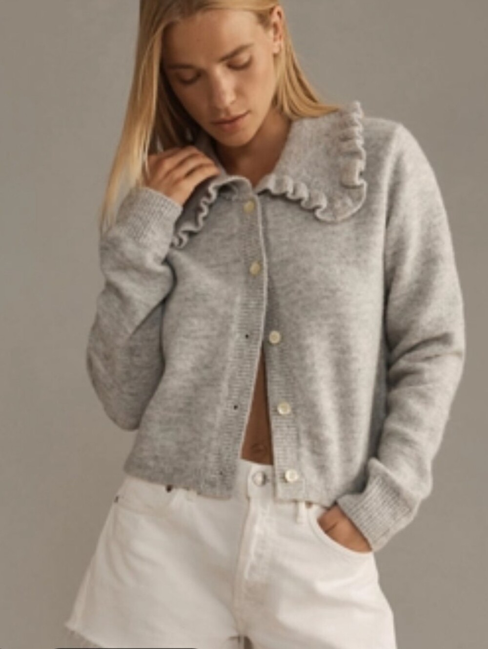 Anthropologie Maeve Ainsley Ruffle Collar Soft Stretch Cardigan Gray Size XL